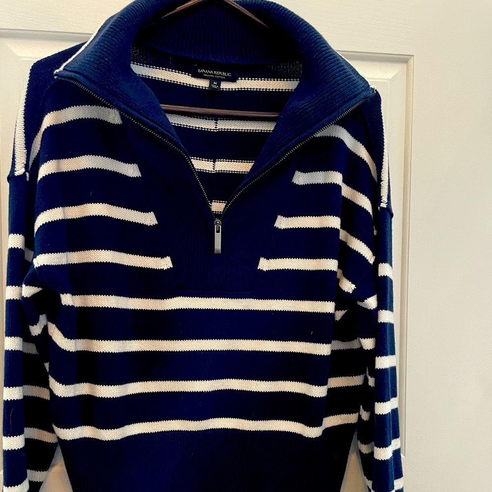 Almost new Banana Republic navy/white striped polo knit zip sweater